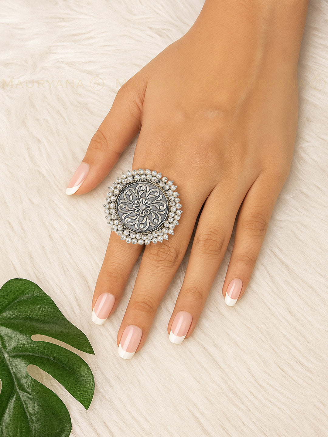 MAURYANA - Oxidised silver finger ring with white beaded border - adjustable size