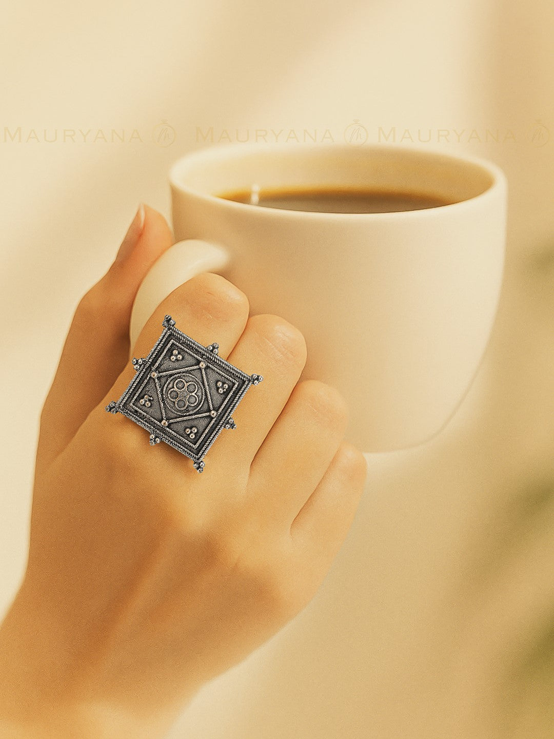 MAURYANA - Oxidised silver square design finger ring - adjustable size