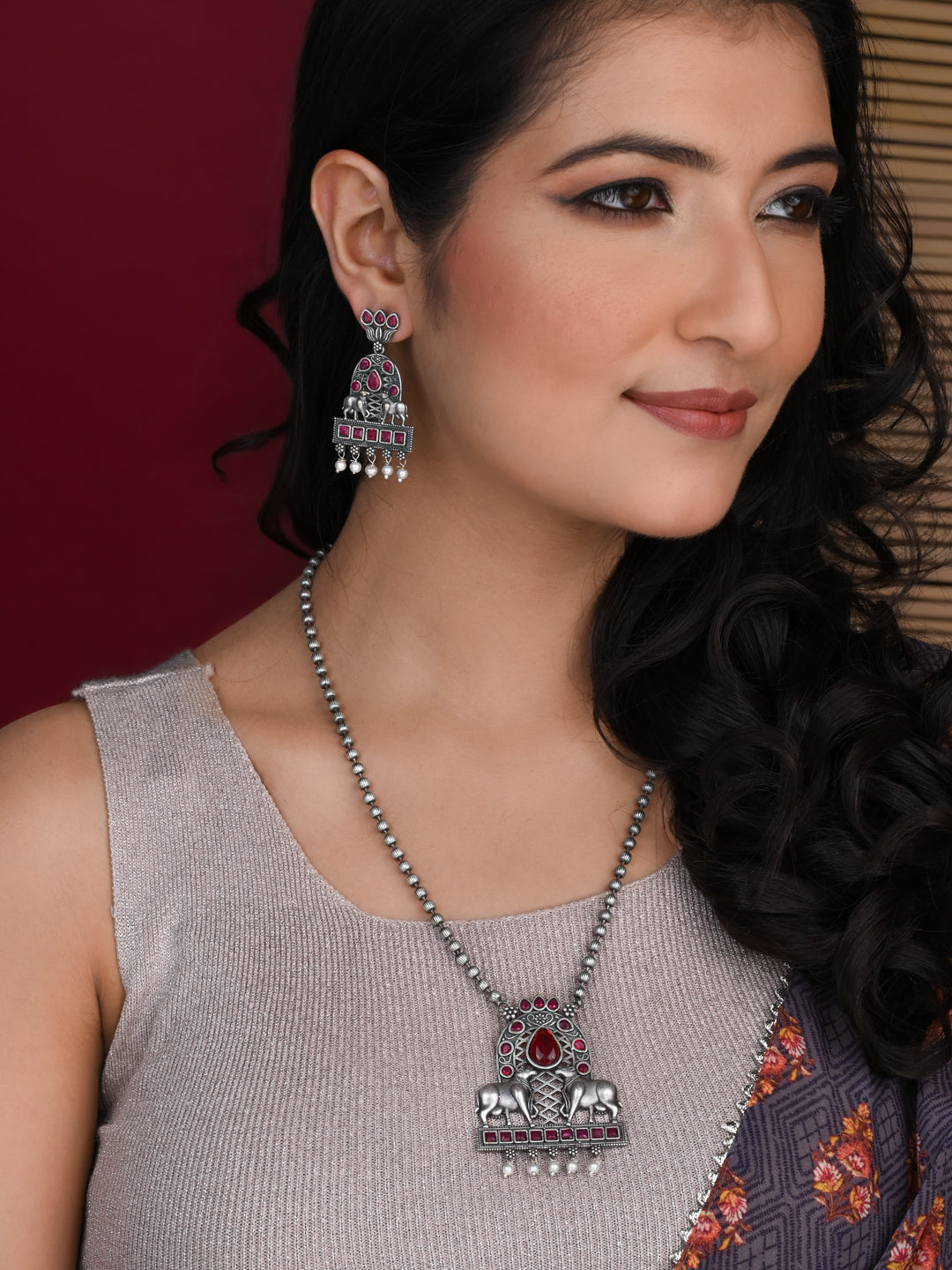 MAURYANA - Oxidised silver pair of cow pendant necklace set with earrings - one size