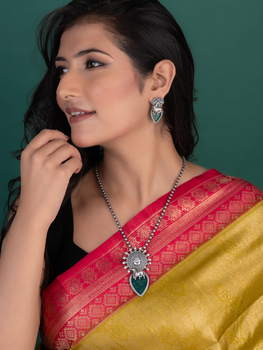 MAURYANA - Oxidised silver with green stone necklace set with earrings - one size