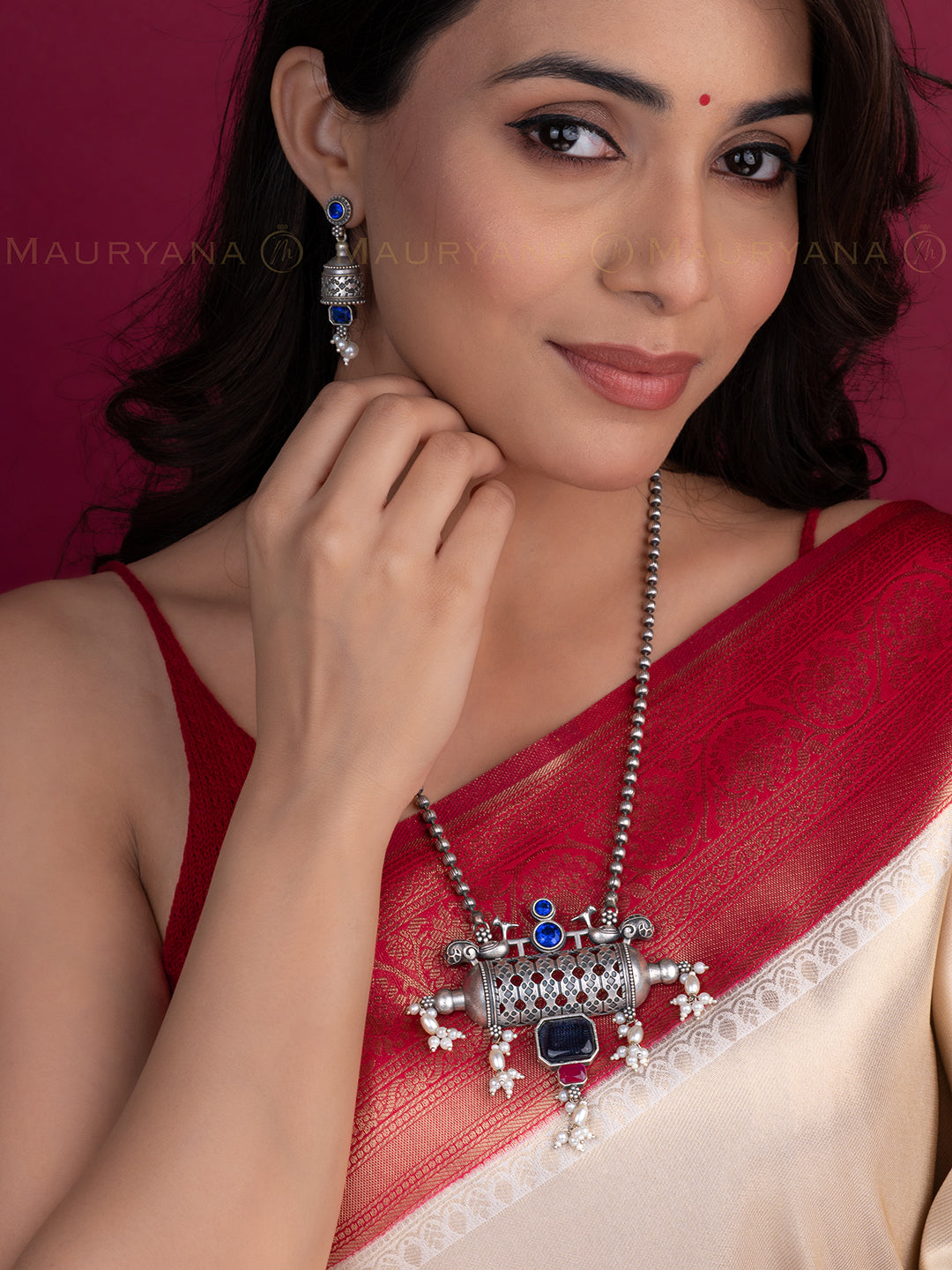 MAURYANA - Oxidised silver necklace with earring set - one size