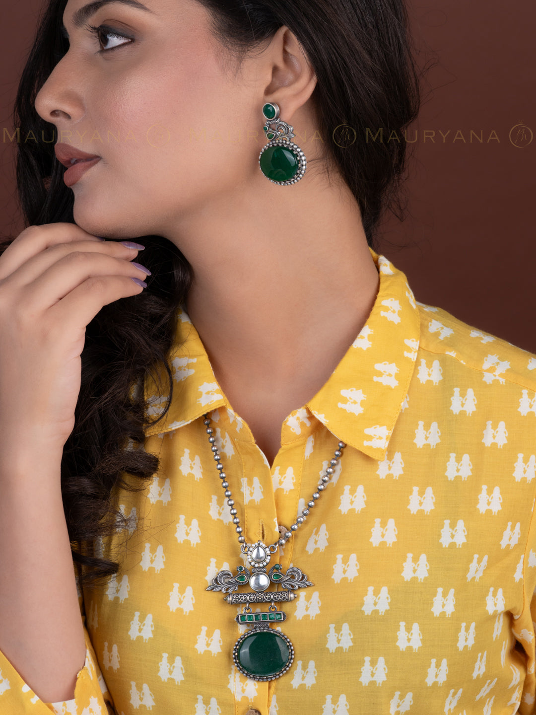 MAURYANA - Oxidised silver with green stone embellished necklace set with earrings - one size