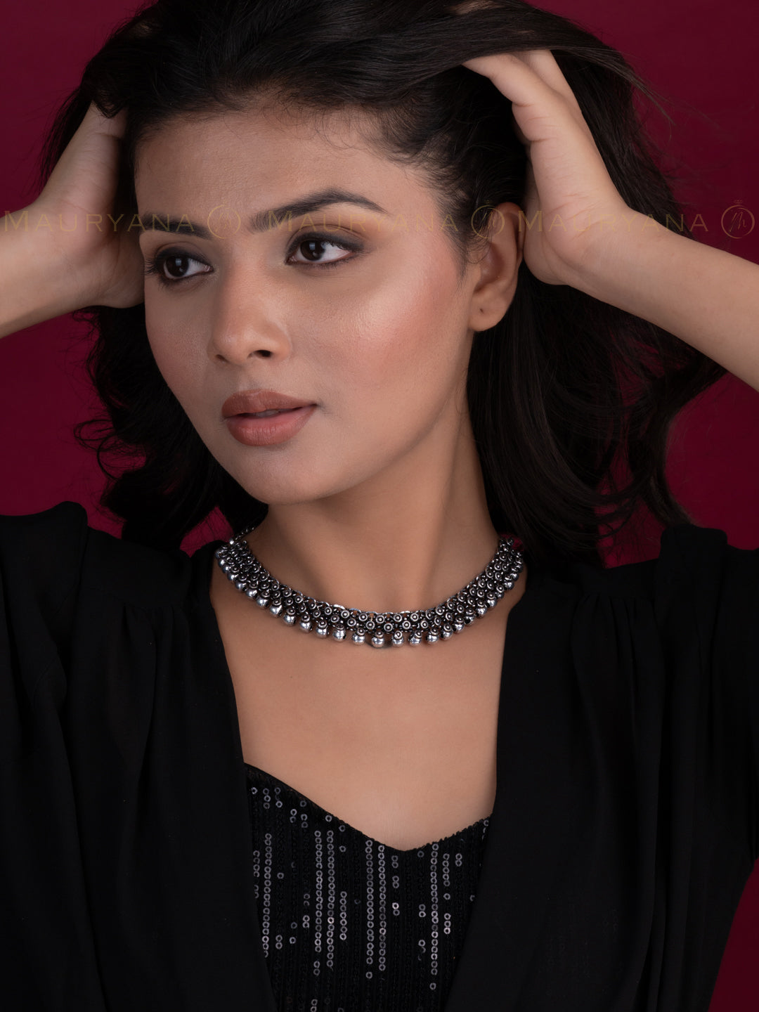 MAURYANA - Oxidised silver royal design necklace - one size