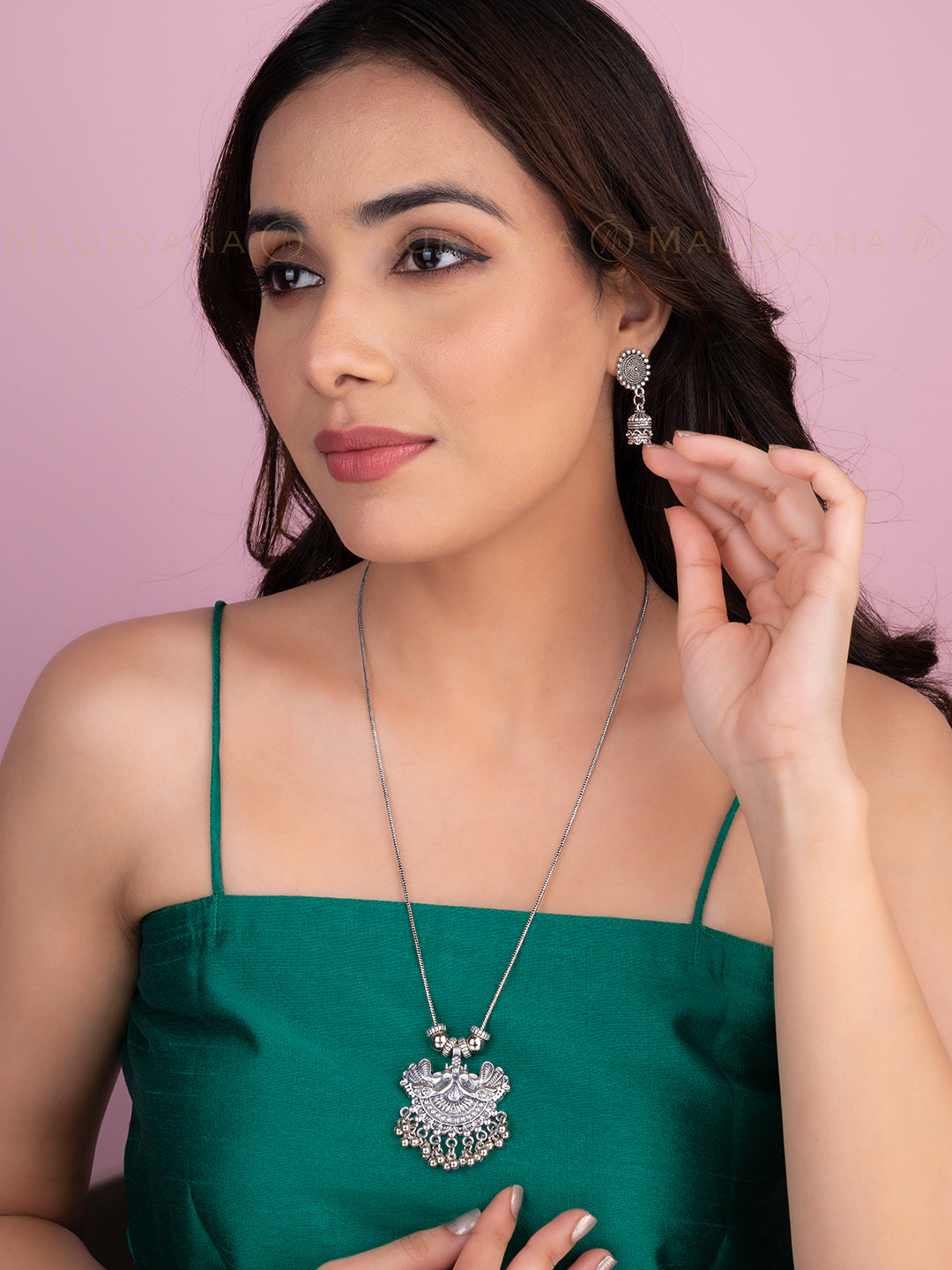 MAURYANA - Oxidised silver pendant with chain necklace - one size