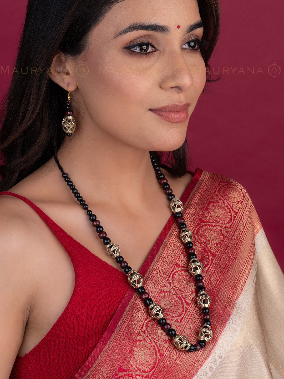 MAURYANA - Oxidised silver beaded necklace set with earrings - adjustable length