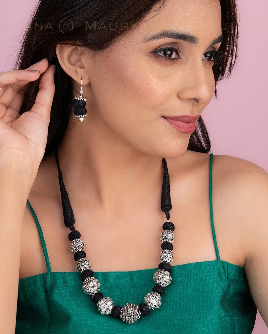 MAURYANA - Oxidised silver beaded necklace set with earrings - adjustable length