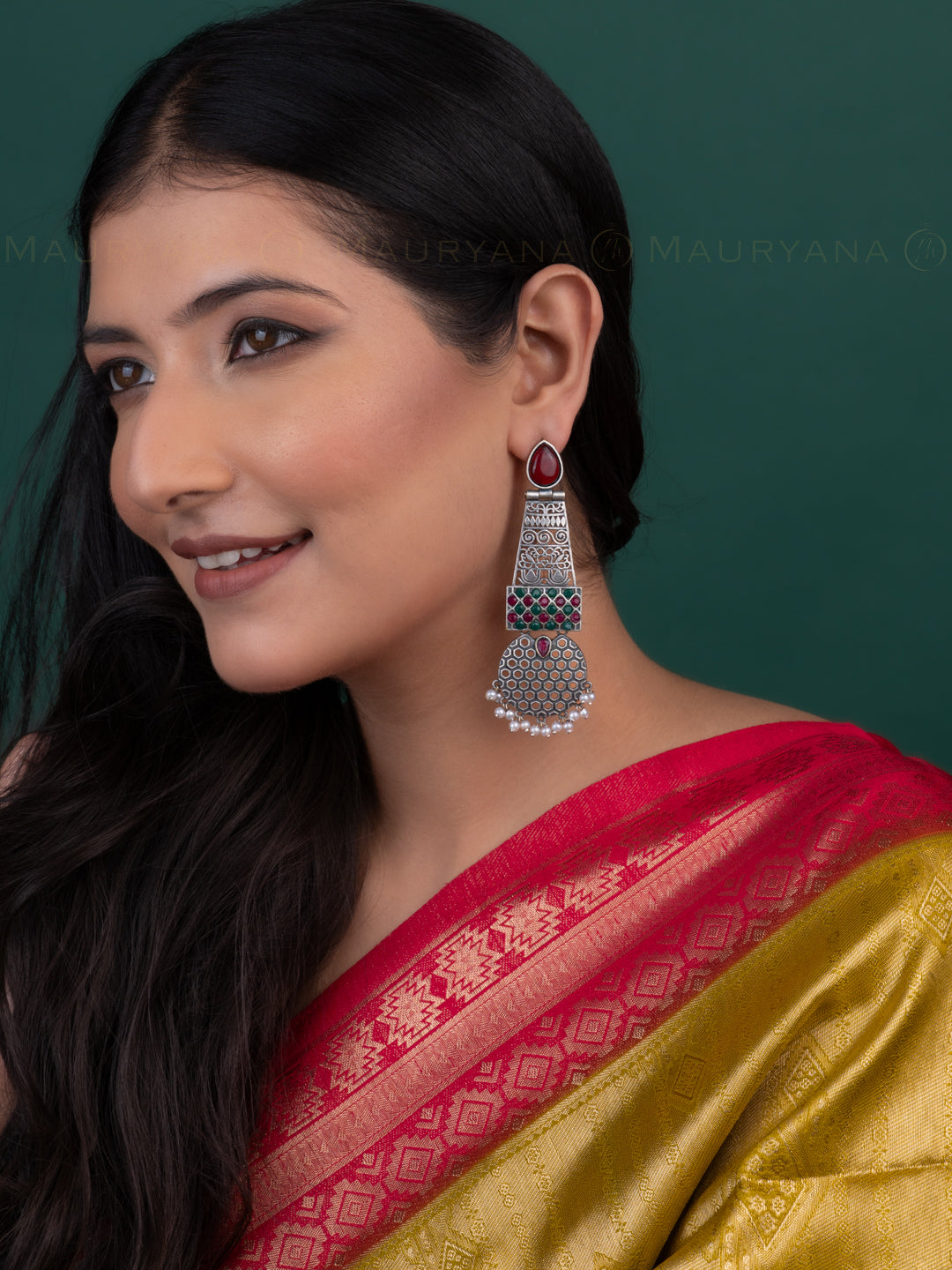 MAURYANA - Oxidised silver pair of earrings with red stone embellishment - 4 inches
