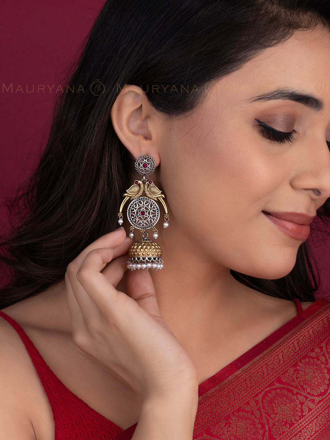 MAURYANA - Oxidised silver long jhumka earrings pair in yellow color - 3 inches