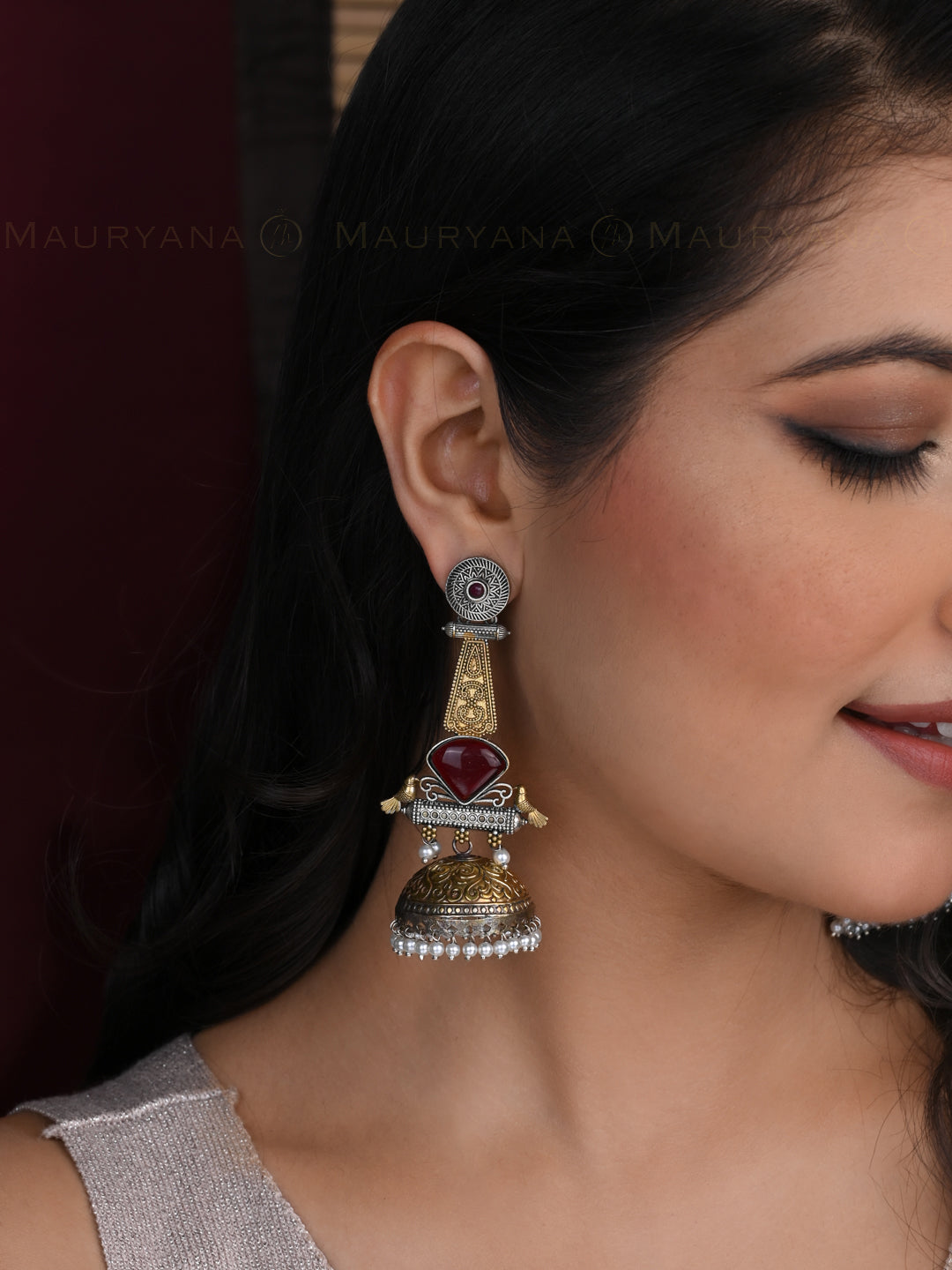 MAURYANA - Oxidised silver yellow color jhumka earrings pair with red stone - 4 inches