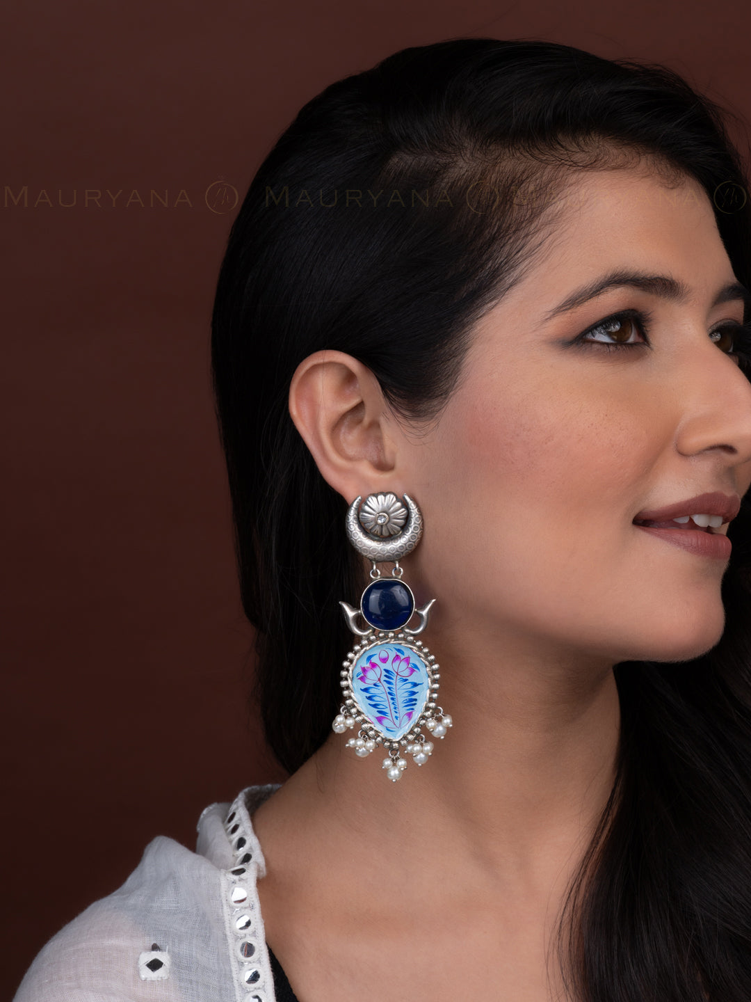 MAURYANA - Oxidised silver glass painted pair of earrings - 4 inches