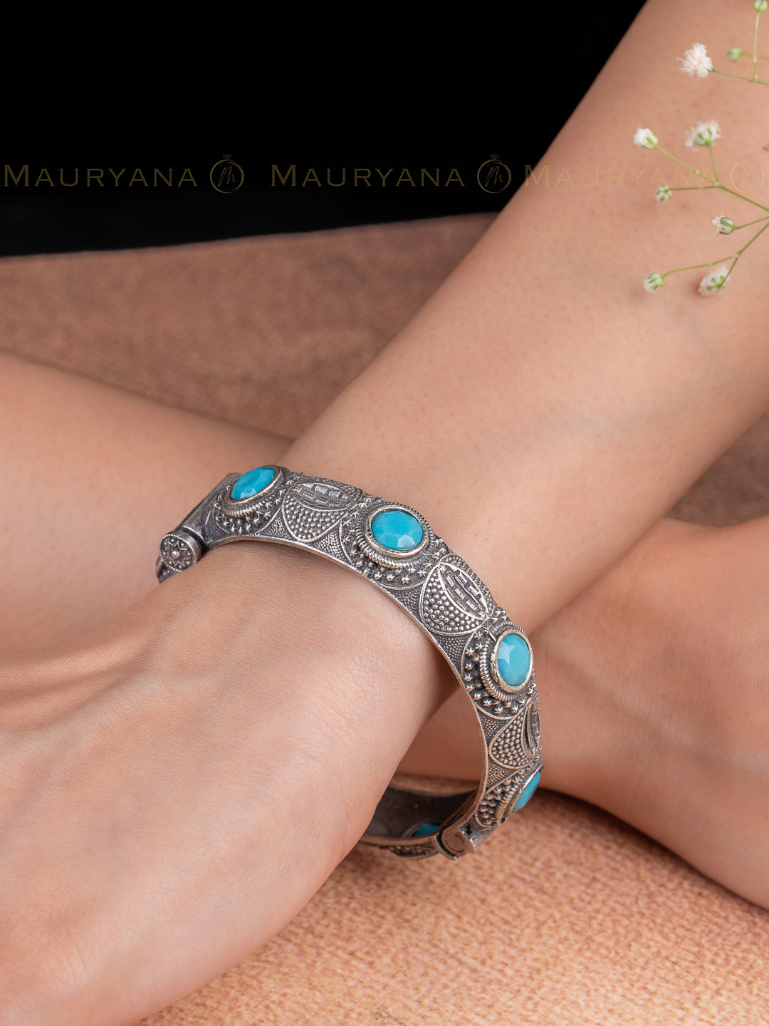 MAURYANA - Oxidised silver bangle with blue stone embellishment