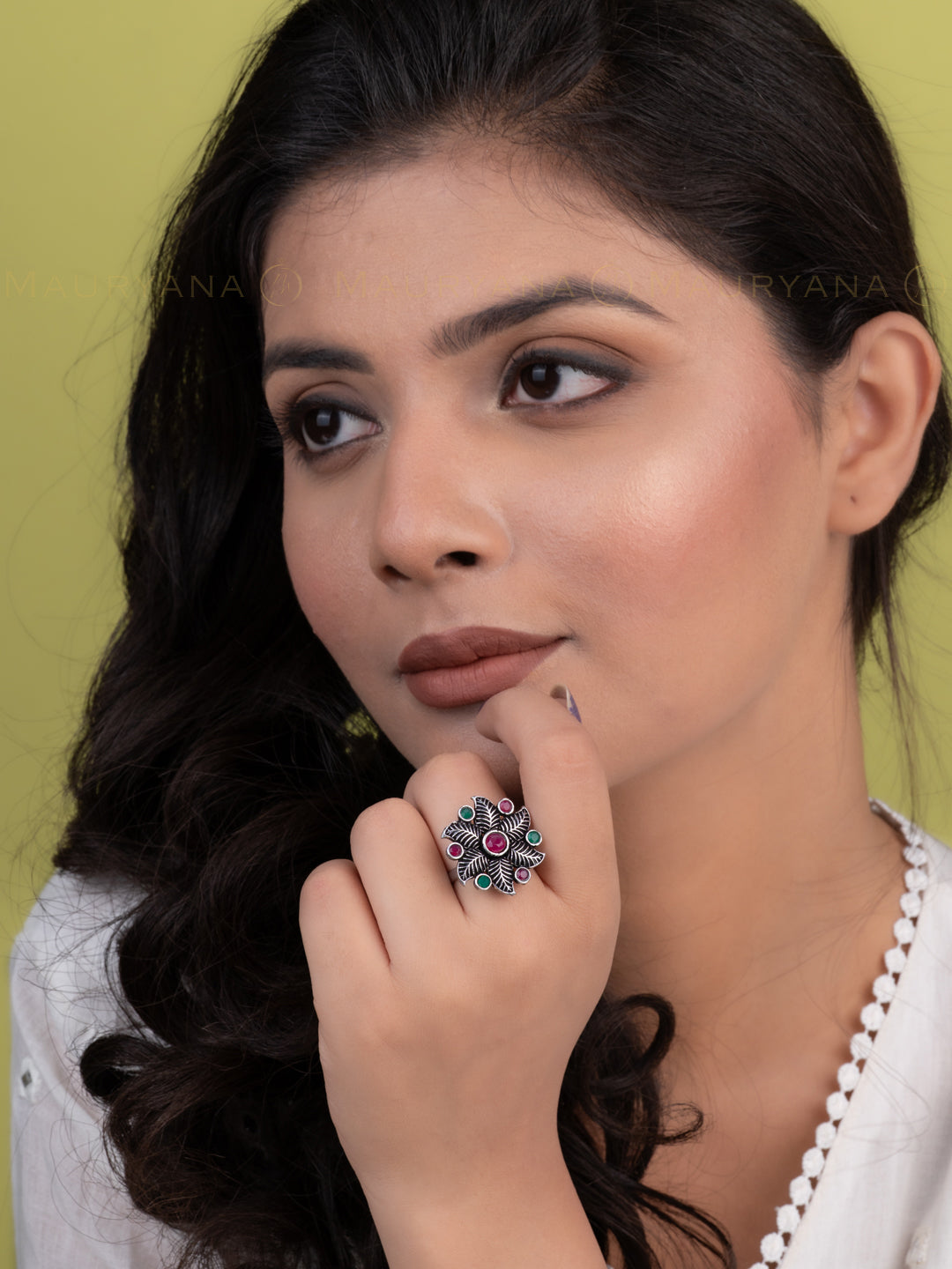 MAURYANA - Oxidised silver flower design ring with red and green stone - adjustable size