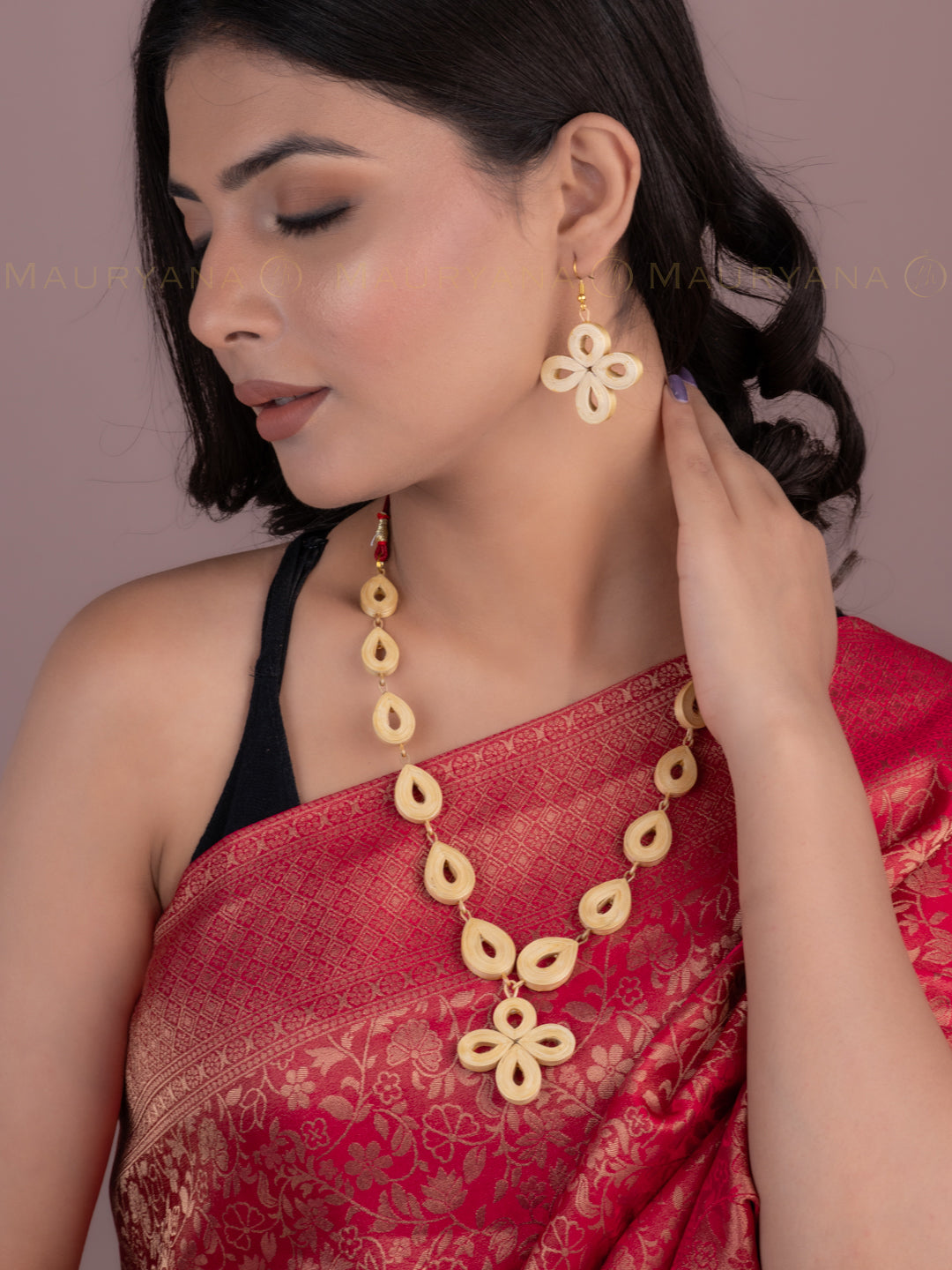 MAURYANA - Bamboo crafted floral pendant necklace set with earrings