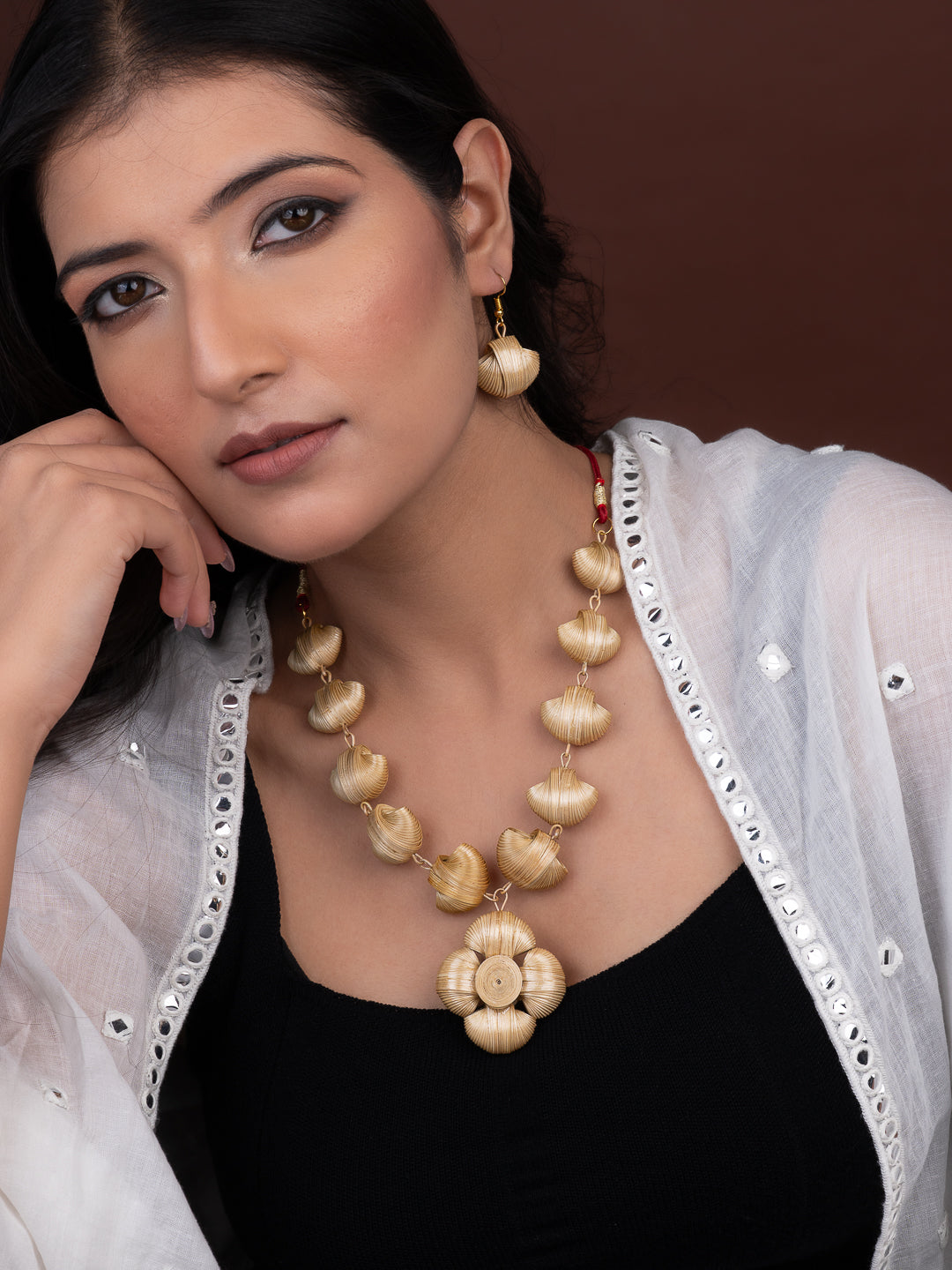 MAURYANA - Bamboo crafted flower petals design necklace set with earrings - adjustable length