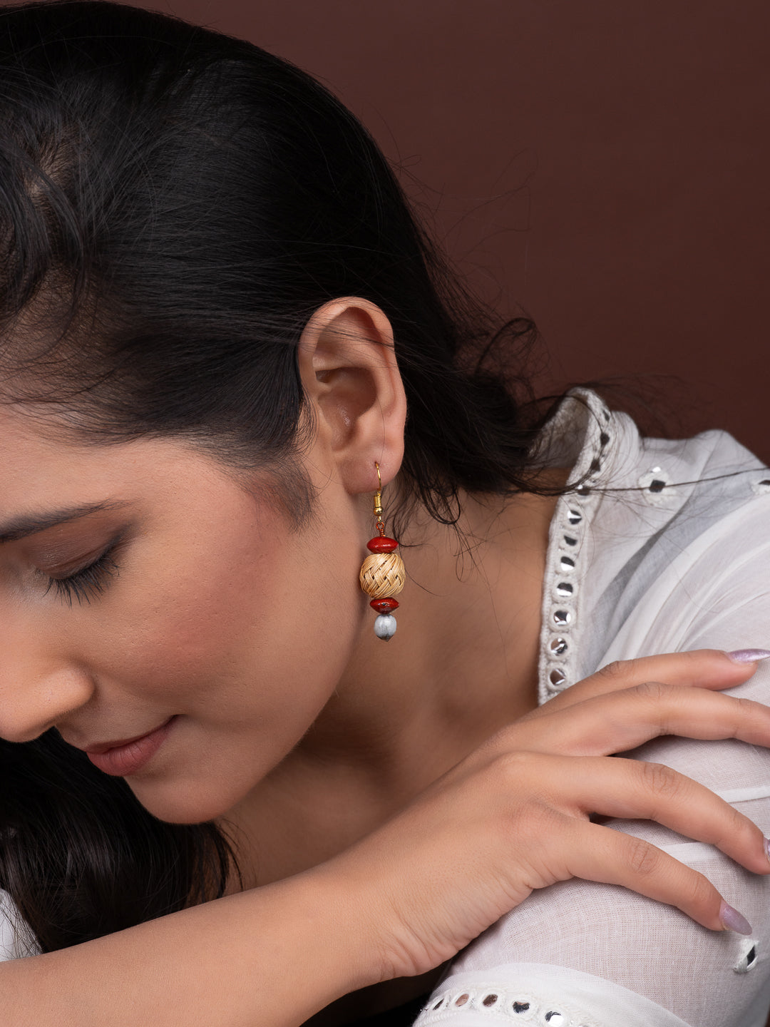 MAURYANA - Bamboo crafted puffed earring set with red color beads