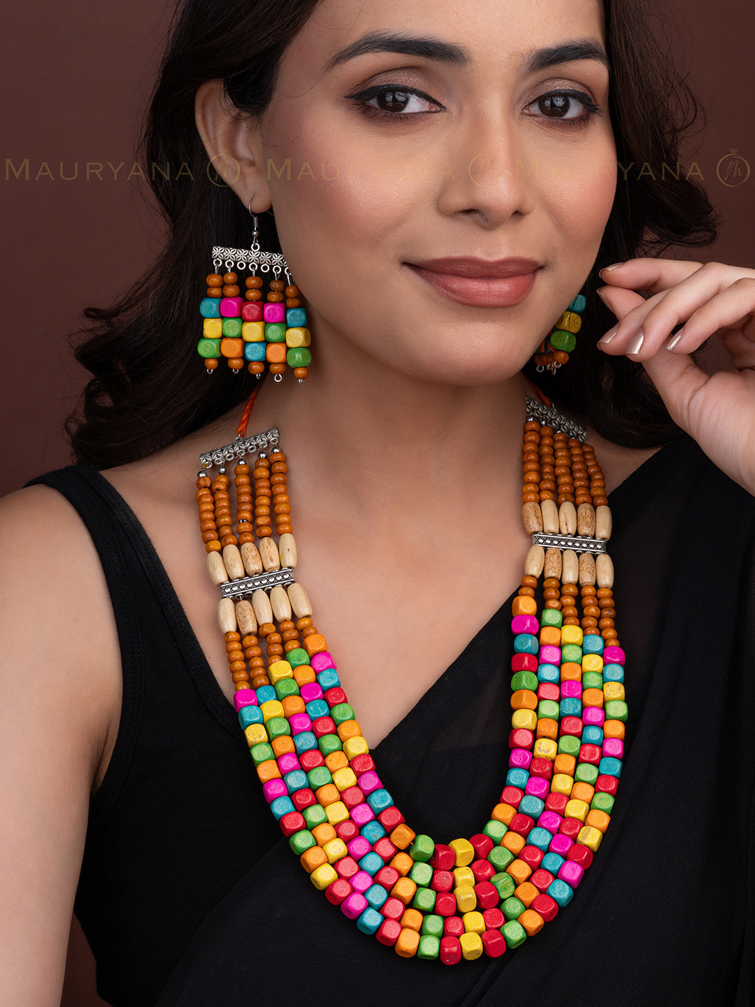 MAURYANA - Heavy multilayered colorful beadwork necklace with earring - adjustable length