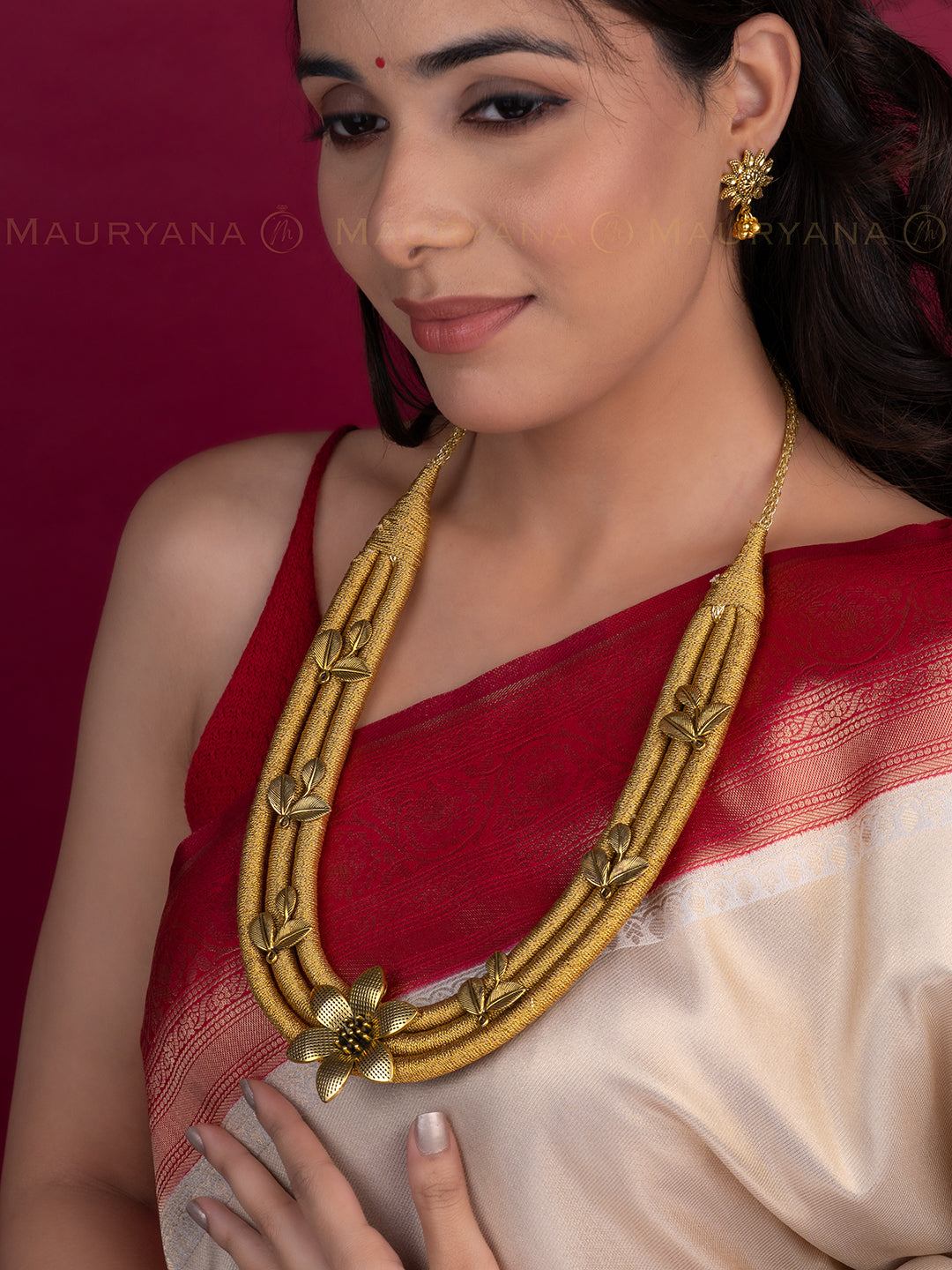 MAURYANA - Golden bead flower pendant in fabric necklace with pair of earrings - adjustable length
