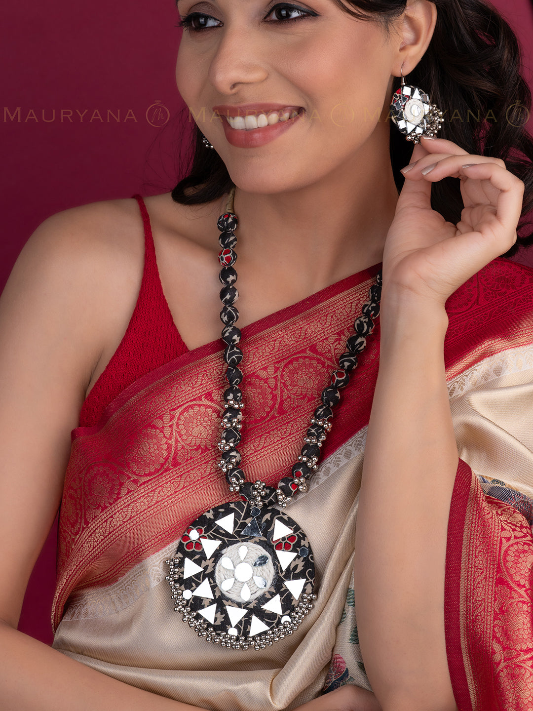 MAURYANA - Colorful beads with mirror work pendant necklace and earrings - adjustable length