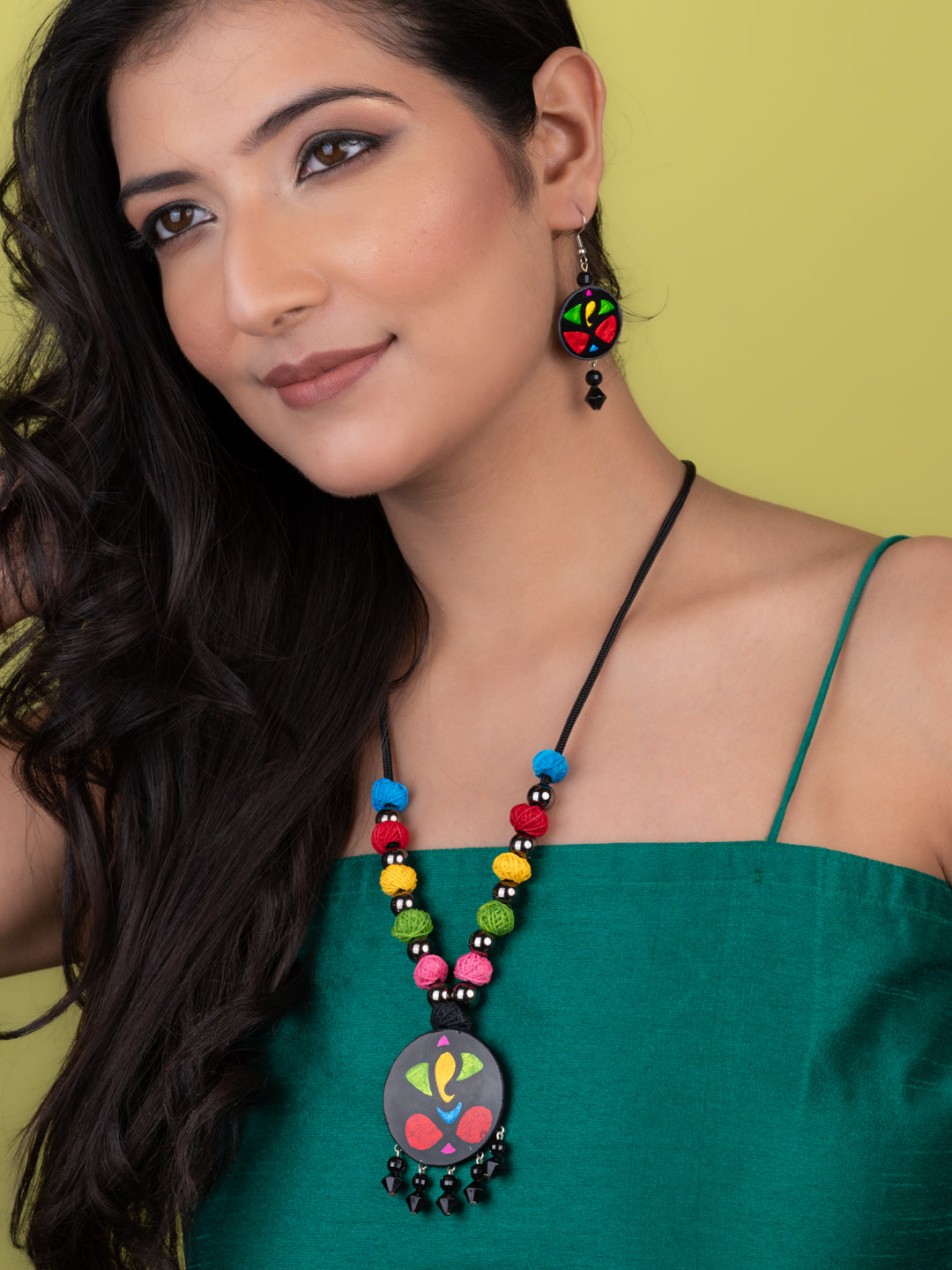 MAURYANA - Colorful glass ganesha pendant necklace with pair of earrings - adjustable length