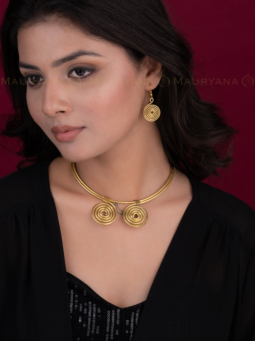 MAURYANA - Dokra craft wired design 2 pendant necklace set with earrings - adjustable length