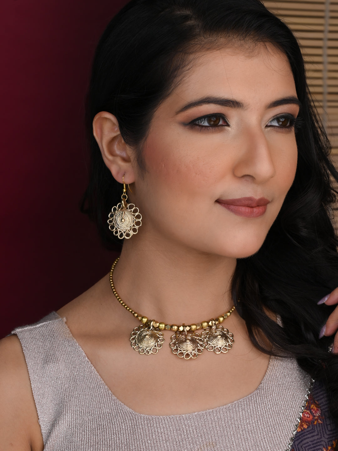 MAURYANA - Dokra craft hasuli chokar necklace set with earrings - adjustable length