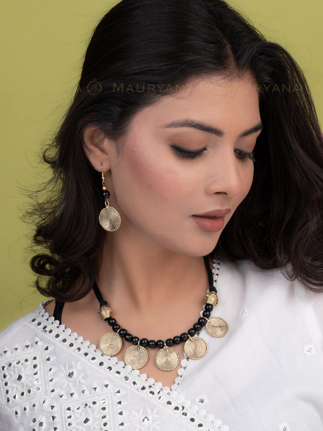 MAURYANA - Dokra craft beaded 5 pendant necklace set with earrings - adjustable length