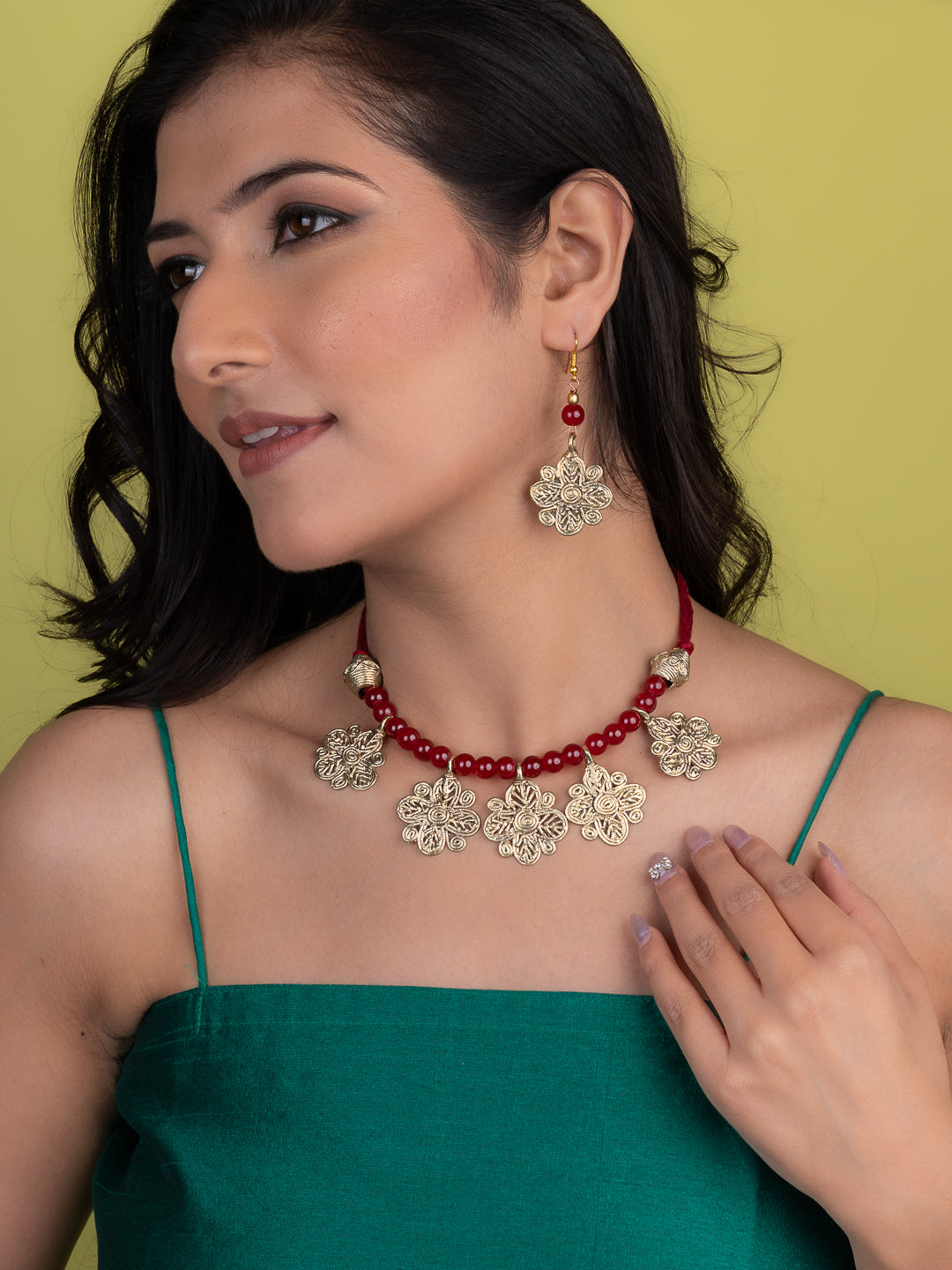 MAURYANA - Dokra craft 5 floral pendants necklace set with earrings - adjustable length