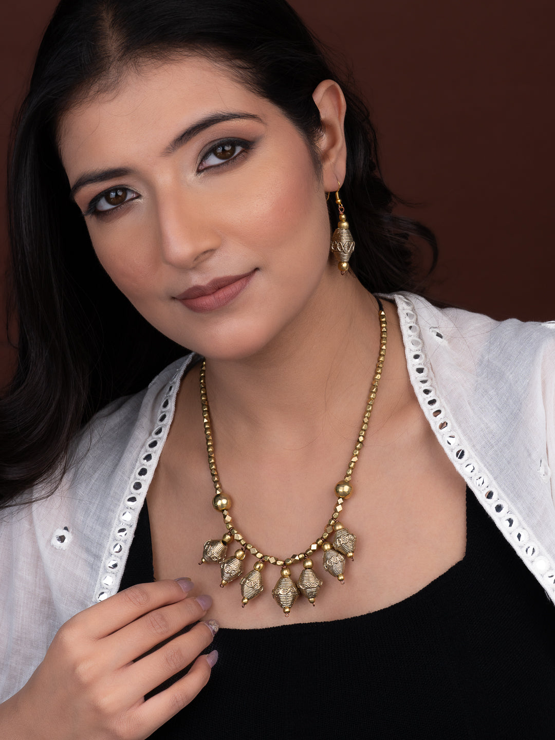 MAURYANA - Dokra craft multiple pendants necklace with earring set - adjustable length