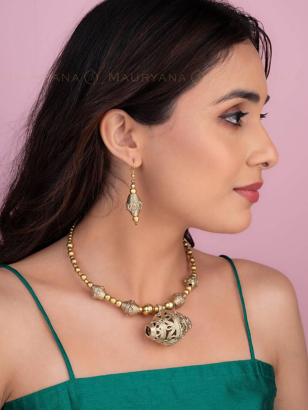 MAURYANA - Dokra craft hasuli design necklace set with earrings - one size