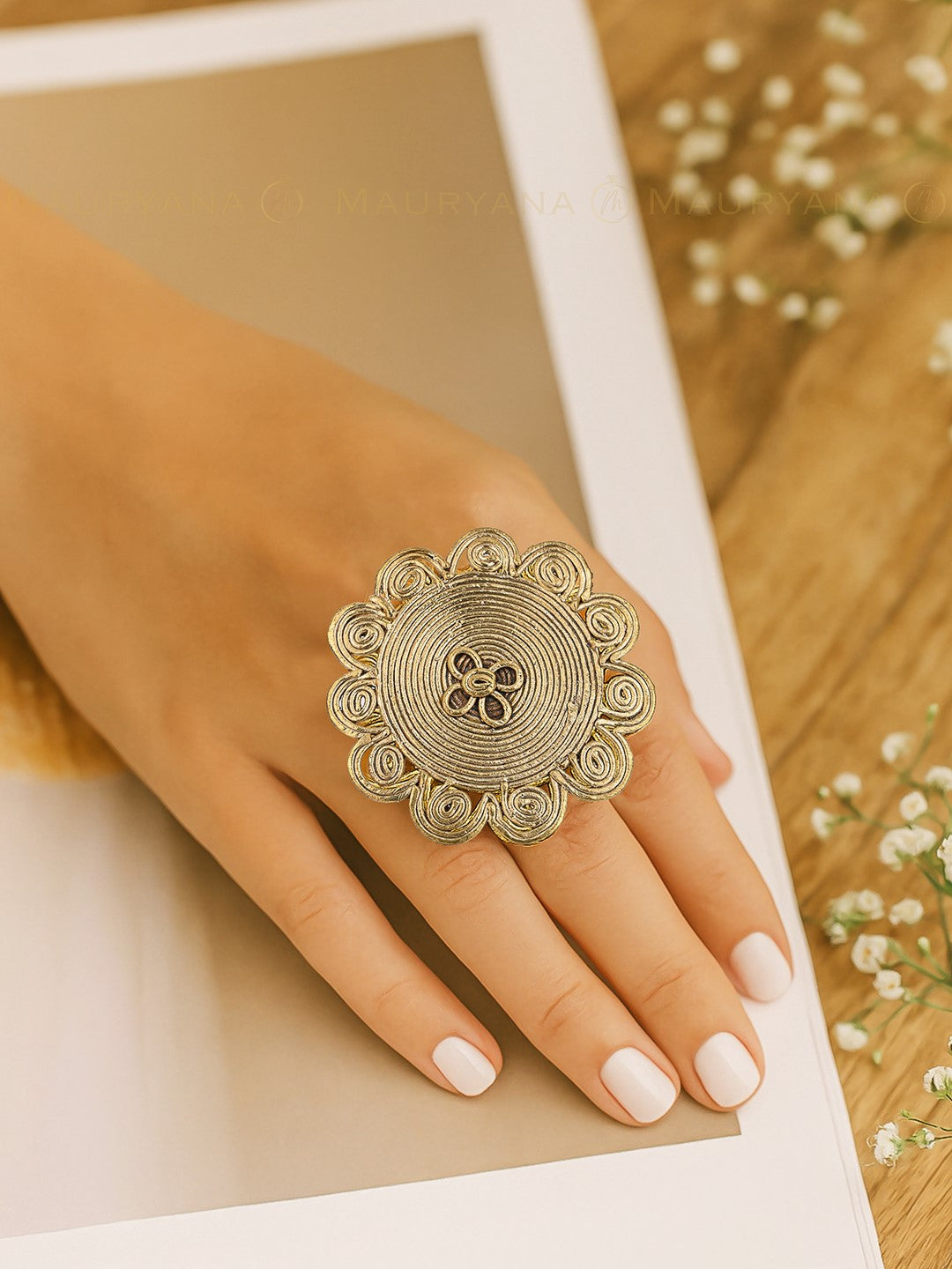 MAURYANA - Dokra craft floral design solid finger ring - adjustable size