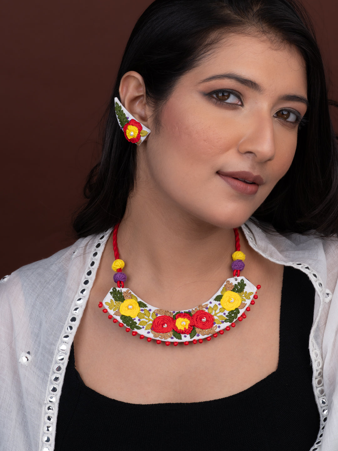MAURYANA - Color flower pattern embroidered U shaped necklace set with earrings - adjustable length