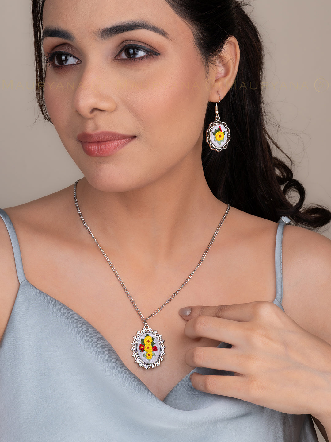 MAURYANA - Colorful flower bunch embroidered pendant necklace with earring set
