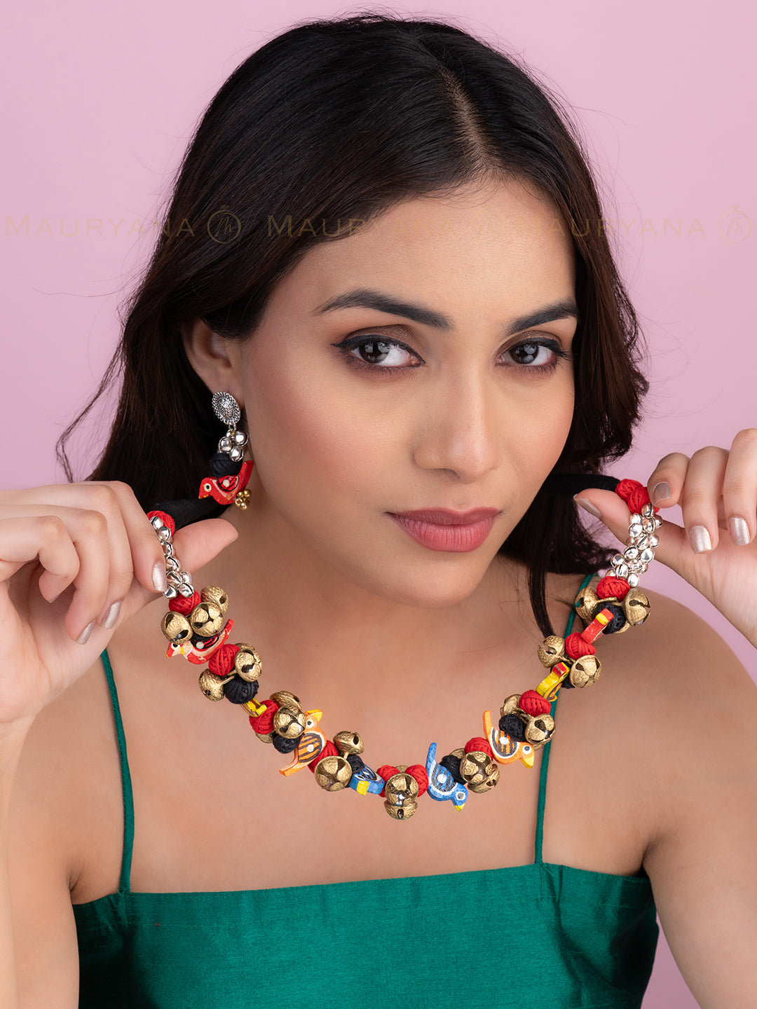 MAURYANA - Colorful fabric and bells necklace set with earrings - adjustable length