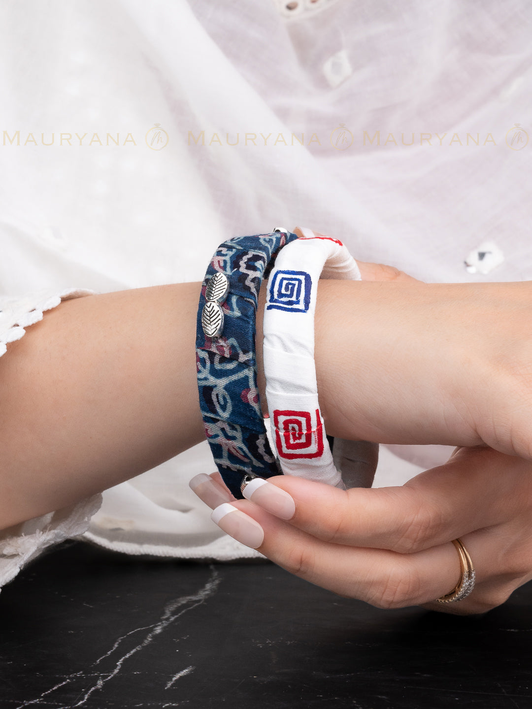 MAURYANA - Blue and white set of 2 fabric bangle set - one size