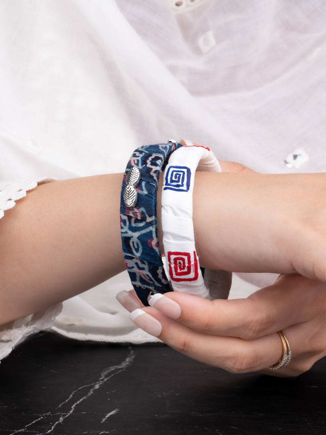 MAURYANA - Blue and white set of 2 fabric bangle set - one size