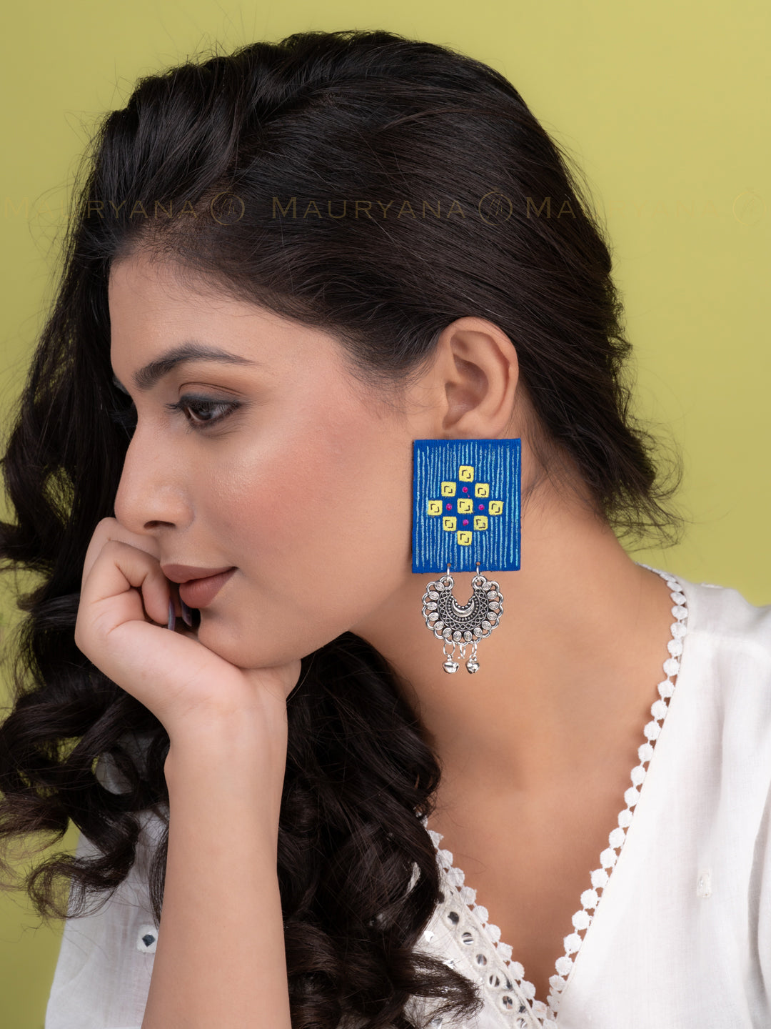 MAURYANA - Blue fabric with metal hanging earring set
