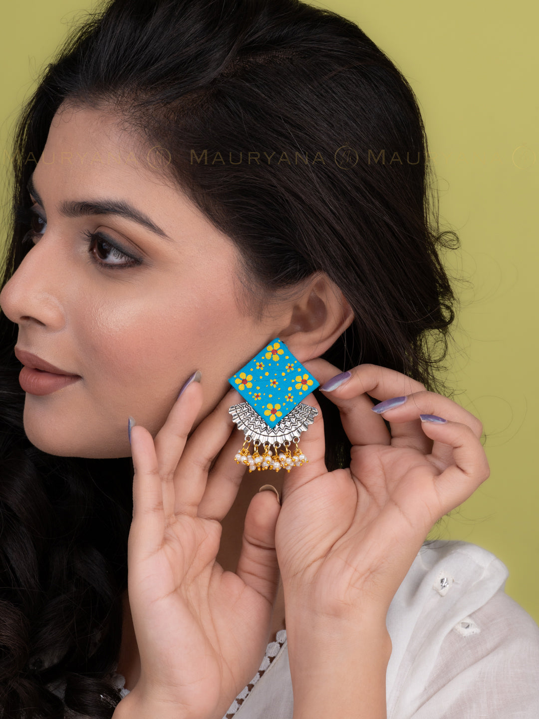 MAURYANA - Blue fabric earrings pair with metal and beads embellishment