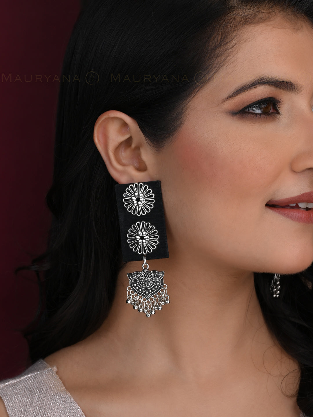 MAURYANA - Black fabric earrings pair with beautiful metal embellishments