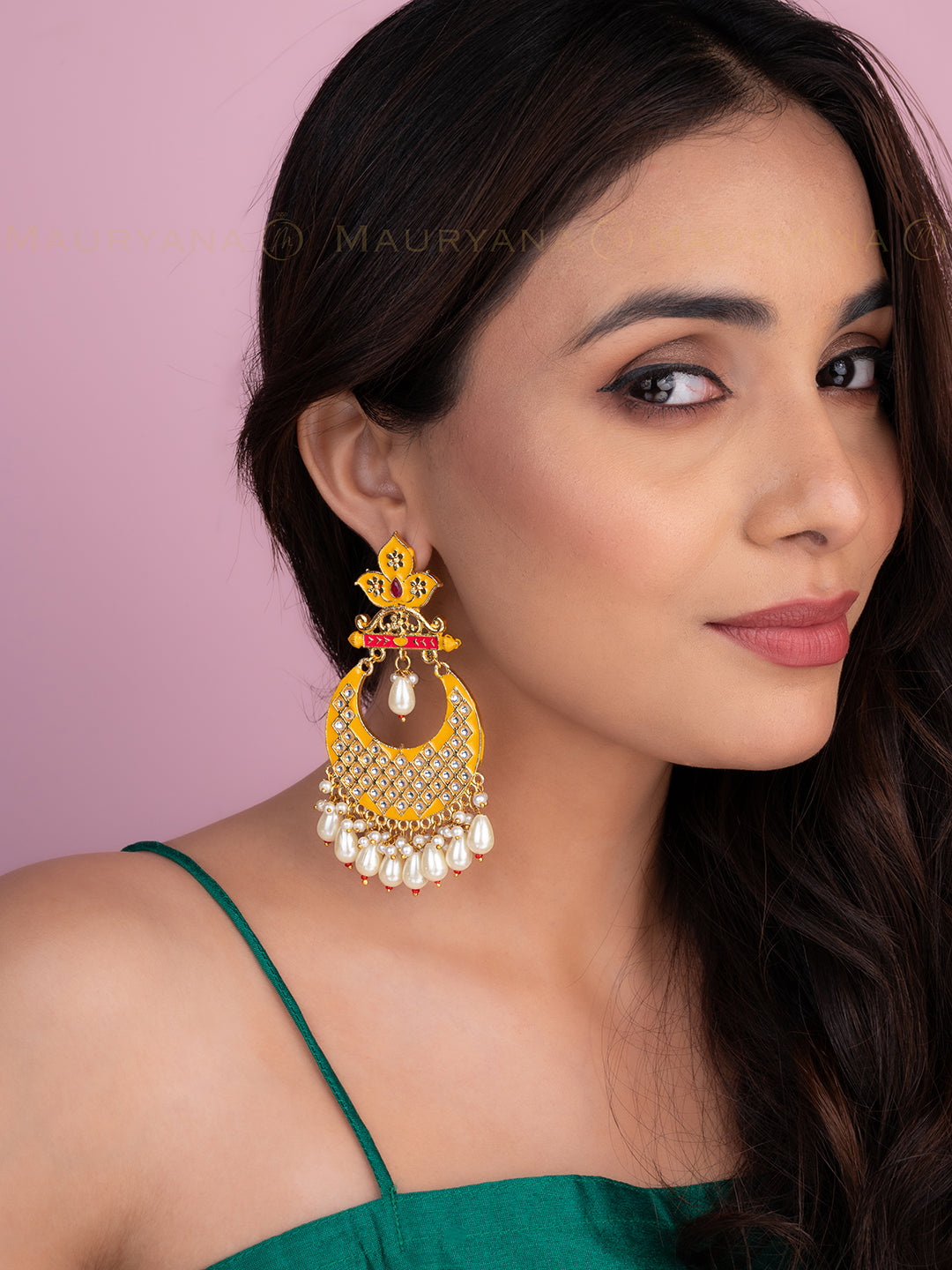 MAURYANA - Kundan mina yellow color festive design pair of earrings
