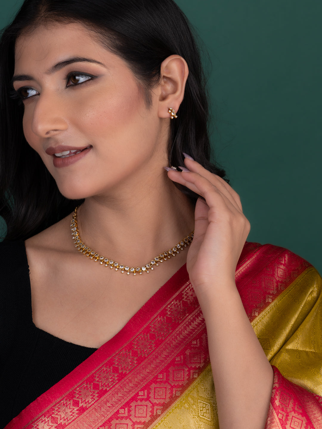 MAURYANA - Kundan mina AD stone studded necklace with earring set - one size