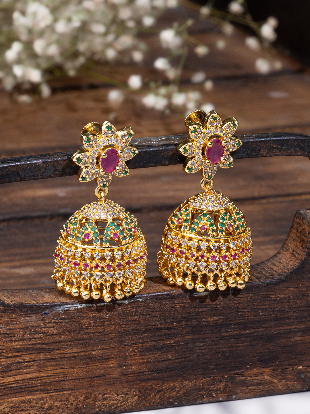 MAURYANA - Kundan mina golden flower design jhumka earrings