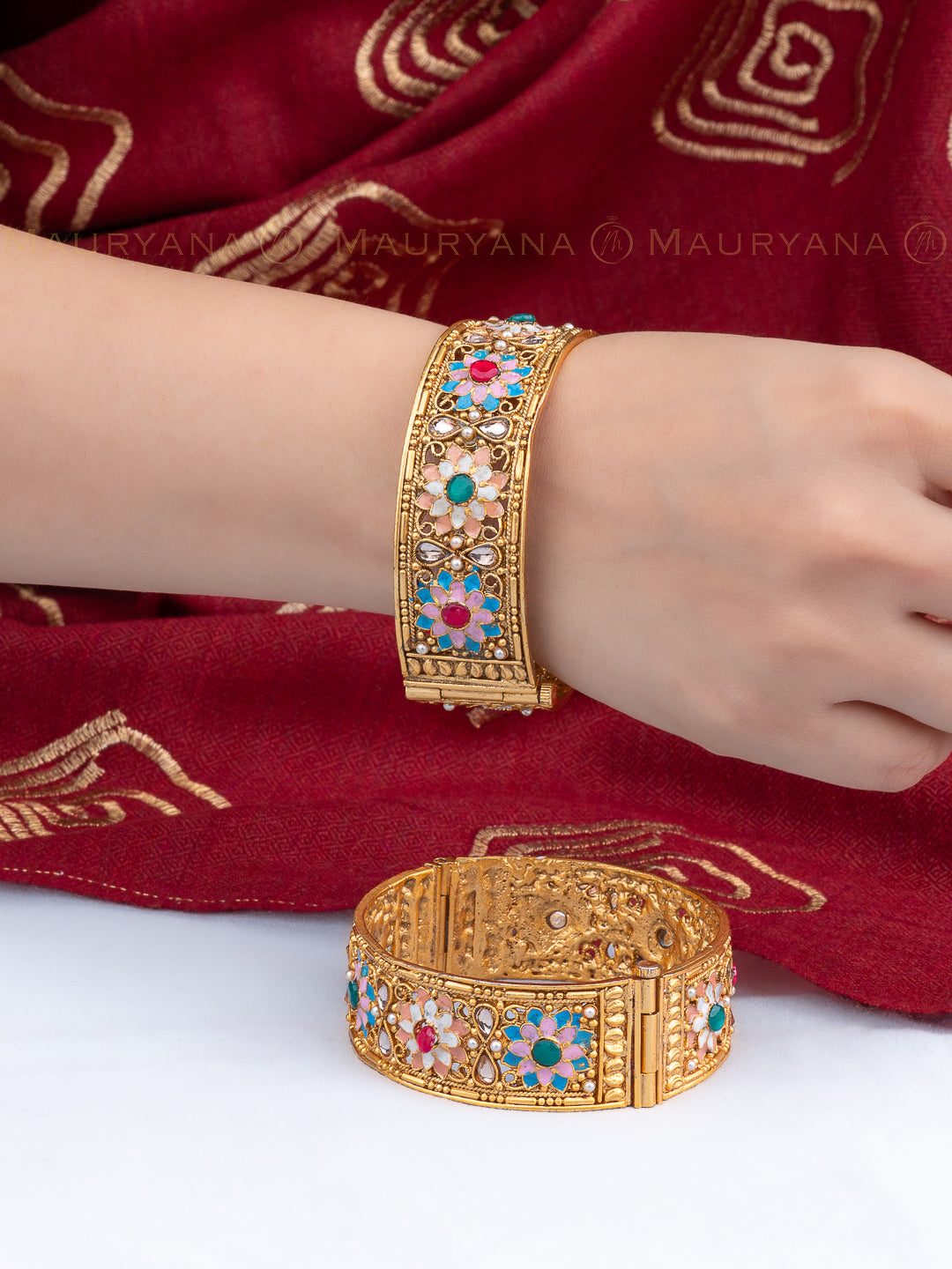 MAURYANA - Kundan mina pair of golden bangles with floral design