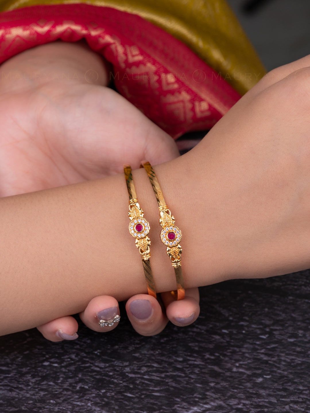 MAURYANA - Kundan mina flower studded bangles - pair of 2 pcs
