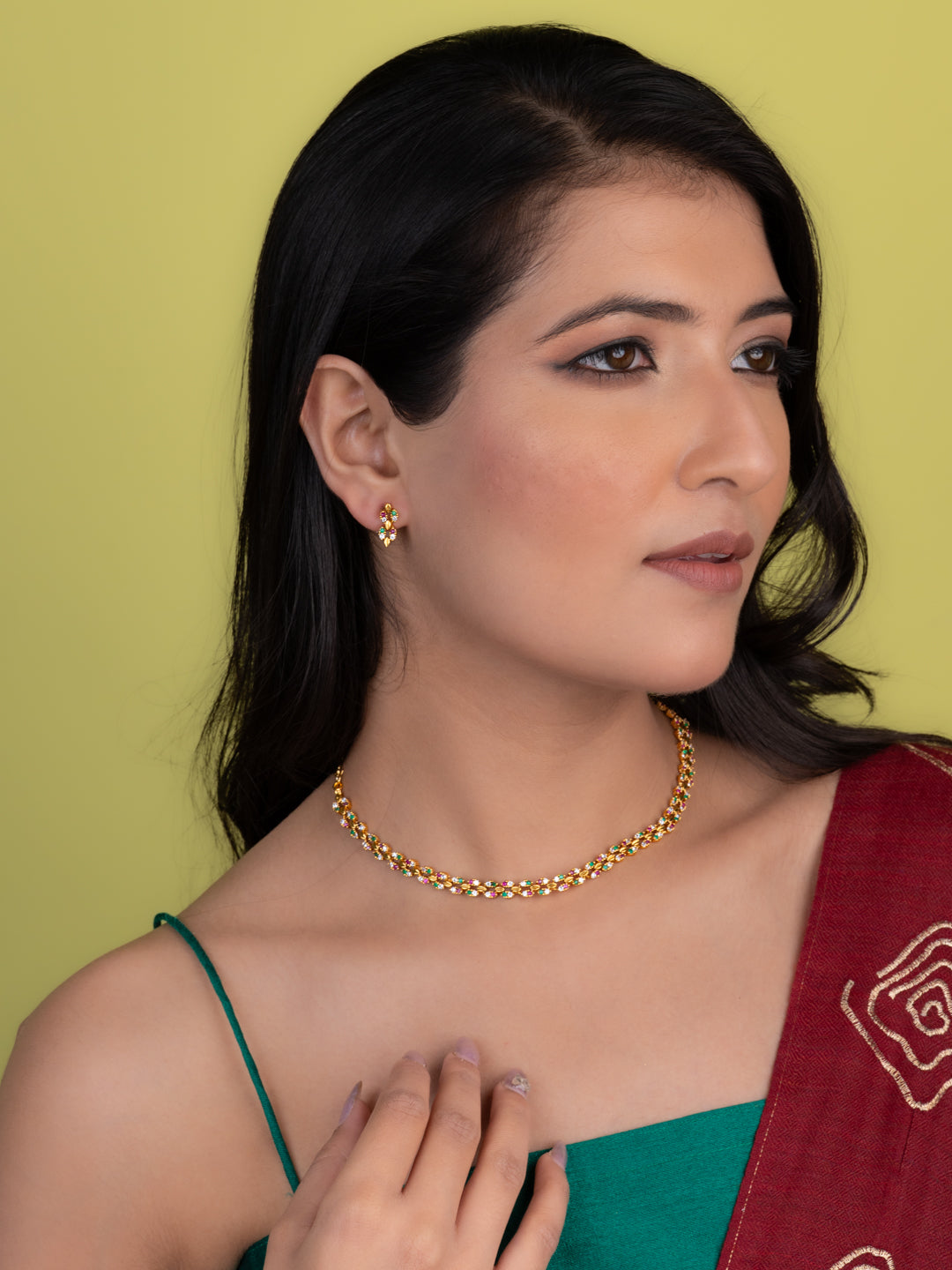 MAURYANA - Kundan mina necklace with leaf design and colorful stone work with pair of earrings - one size