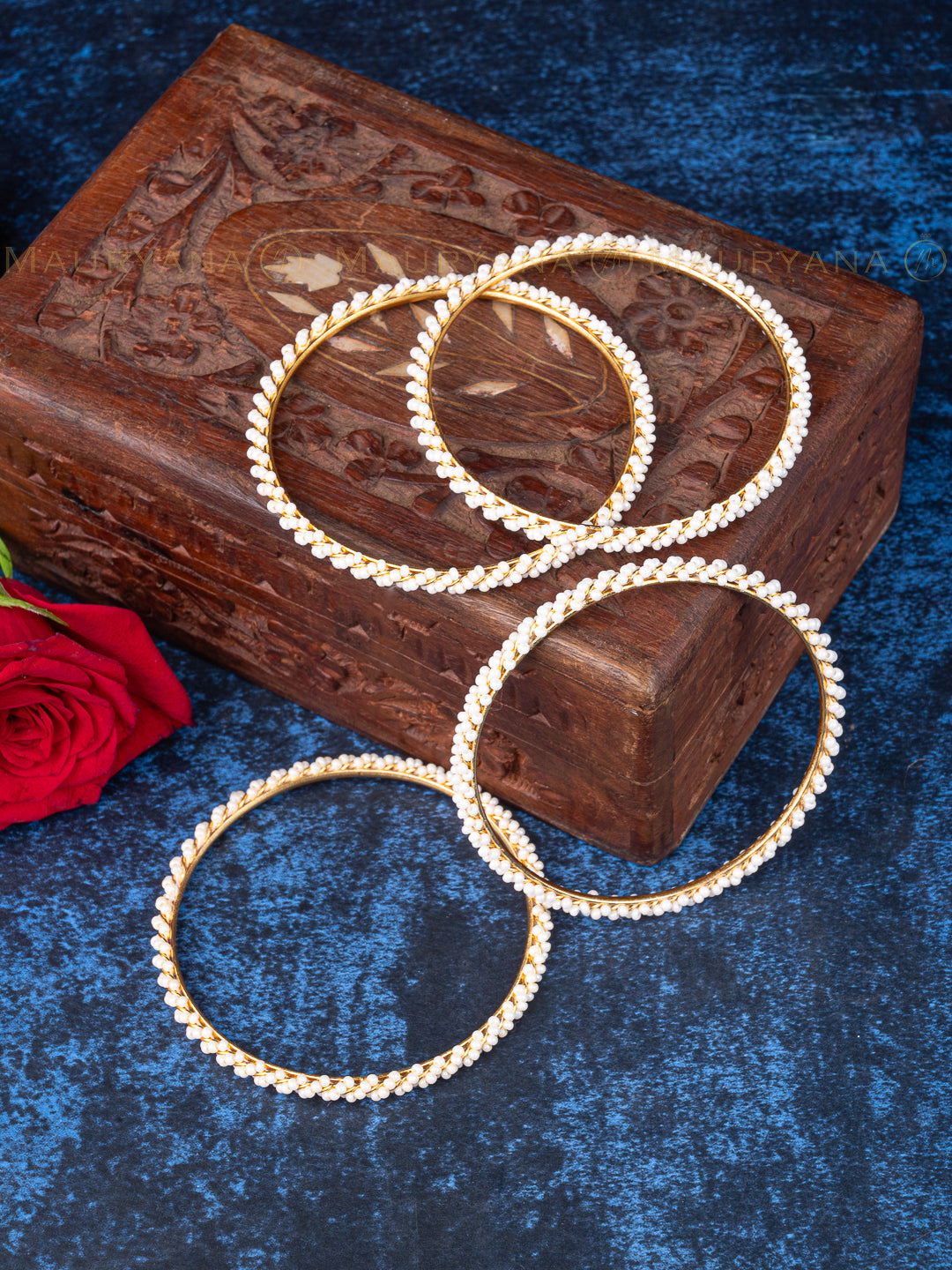 MAURYANA - Kundan mina white beaded bangles set of 4 - one size