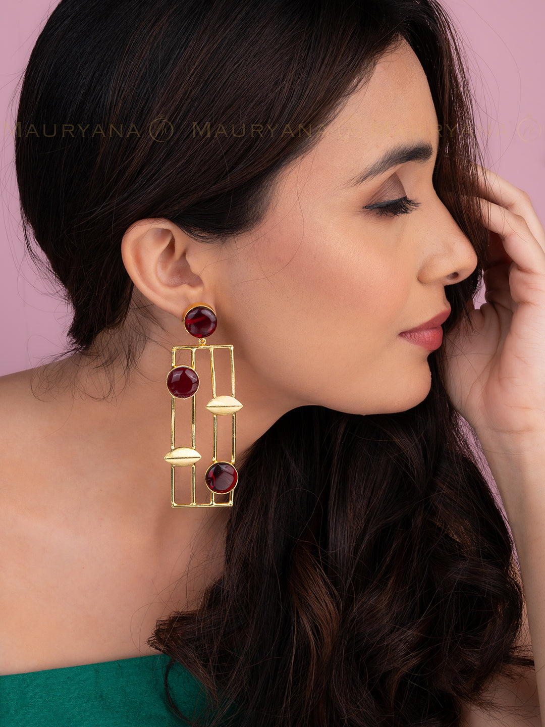 MAURYANA - Geometric Design Metal and Decorative Stone Crafted Earrings