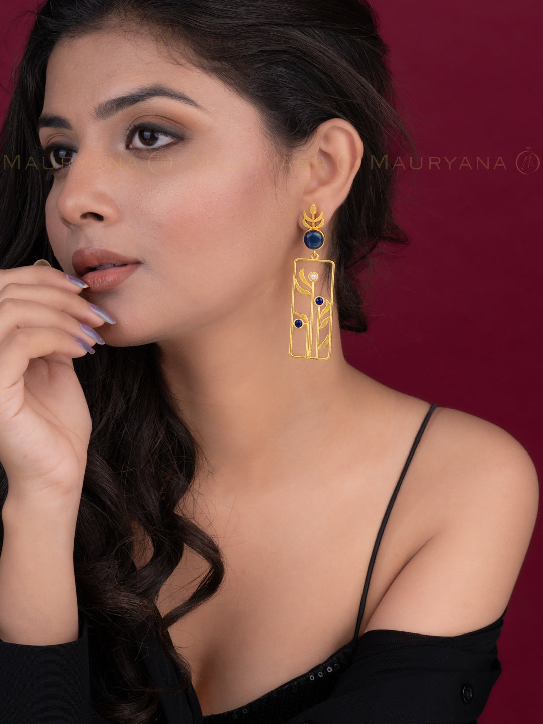 MAURYANA - Modern Geometric Design Blue Stone Decorated Earrings