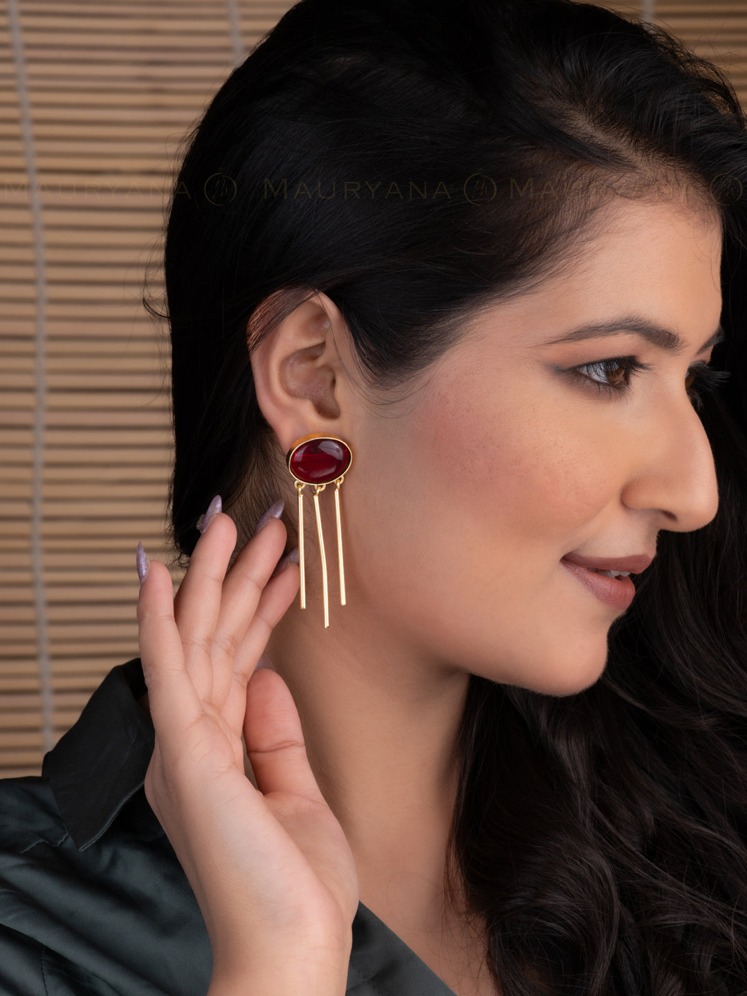 MAURYANA - Red Stone with Metal Pins Hanging Stylish Earrings
