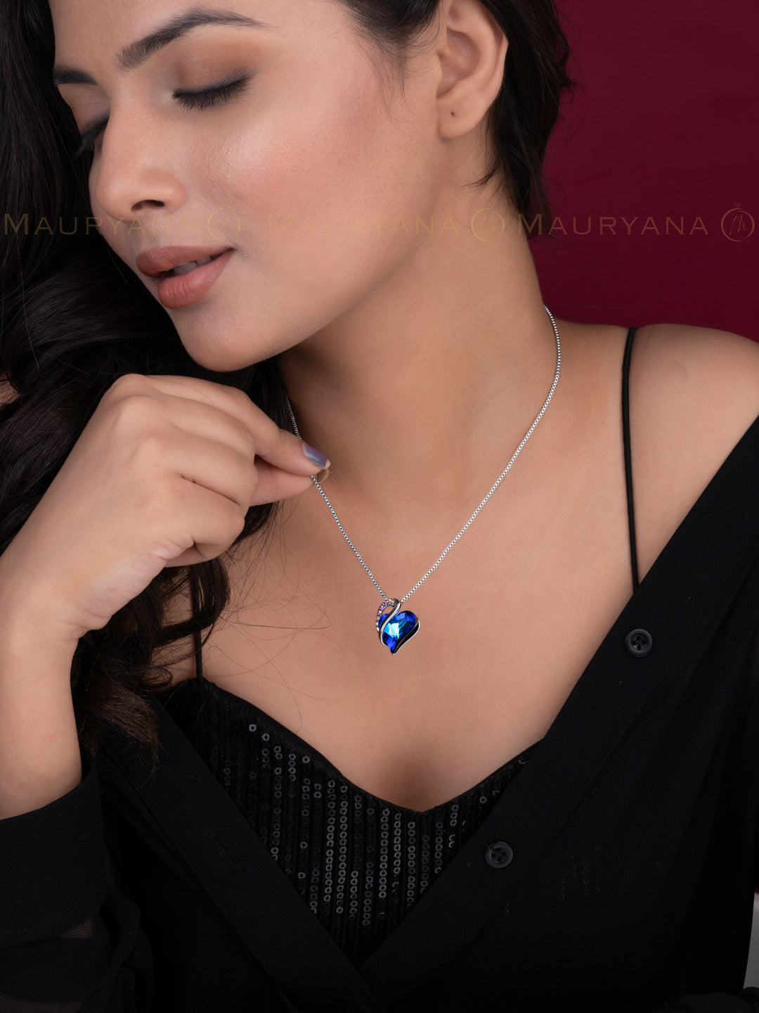 MAURYANA - Rhinestone Heart Shaped Pendant Necklace - Available in 3 colors options