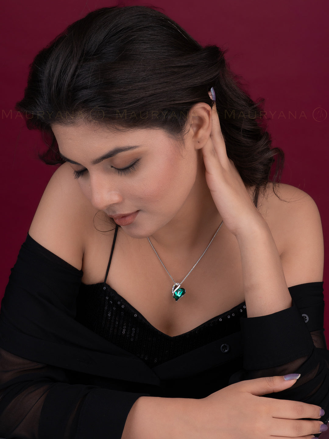 MAURYANA - Rhinestone Heart Shaped Pendant Necklace - Available in 3 colors options